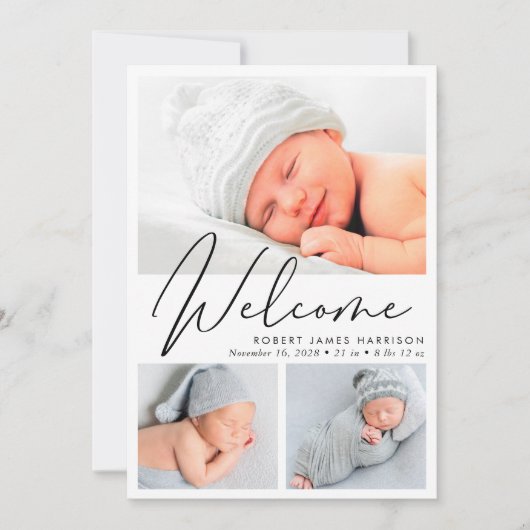 Modern welkomstscript 4 foto geboorte aankondiging (Voorkant)