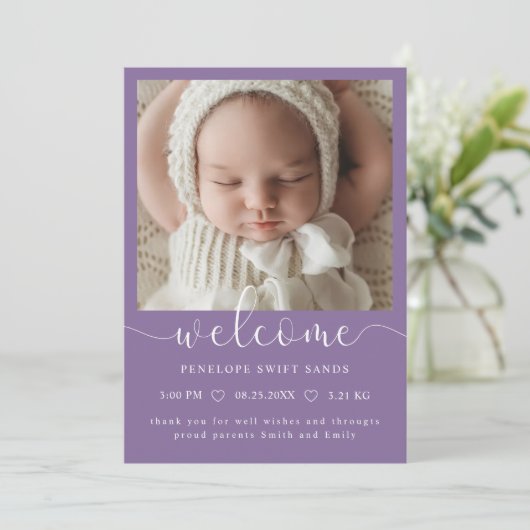 Modern welkomstscript 4 foto geboorte aankondiging (Staand voorkant)