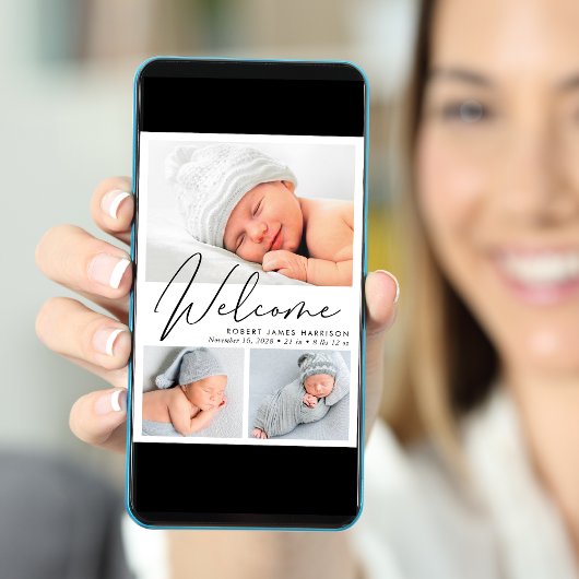 Modern welkomstscript 4 foto geboorte aankondiging