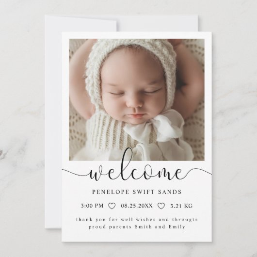 Modern welkomstscript 4 foto geboorte aankondiging (Voorkant)