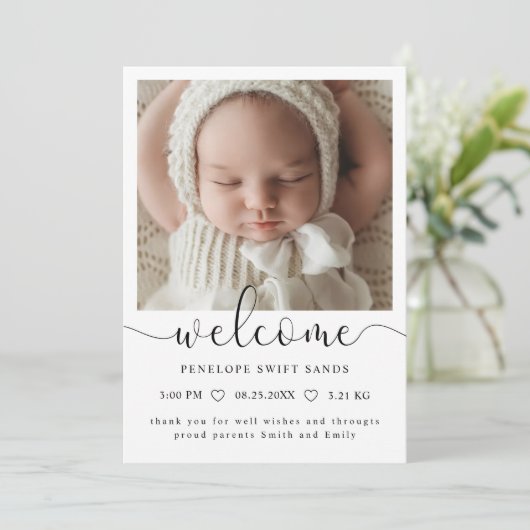 Modern welkomstscript 4 foto geboorte aankondiging (Staand voorkant)