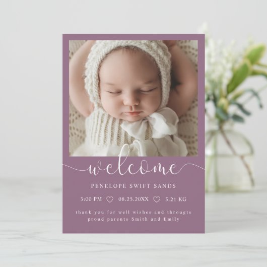 Modern welkomstscript 4 foto geboorte aankondiging (Staand voorkant)