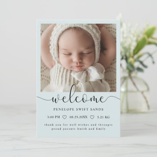 Modern welkomstscript 4 foto geboorte aankondiging (Staand voorkant)