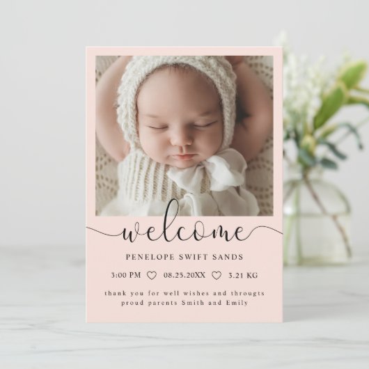Modern welkomstscript 4 foto geboorte aankondiging (Staand voorkant)