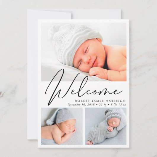 Modern welkomstscript Fotocollage Geboorte Aankondiging (Voorkant)