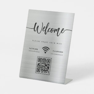 Modern Welkomstscript WIFI QR Code Zilver Metaal Reclamebord Met Voetstuk