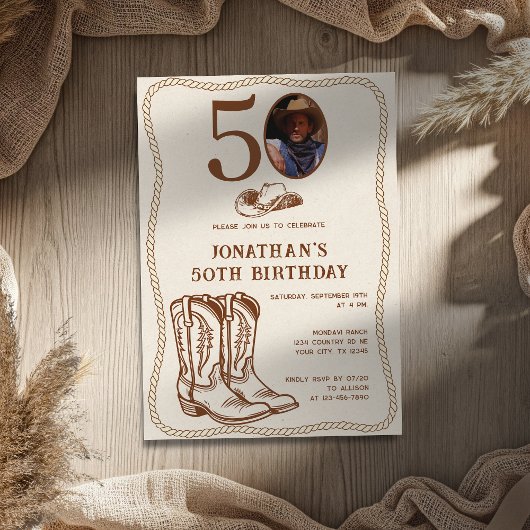 Modern Western Cowboy Boots 40 50 Photo Birthday Kaart