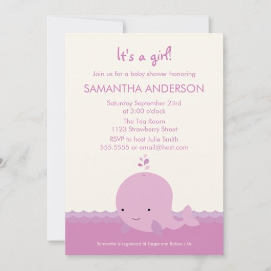 Modern Whale Baby shower Invitation - Girl Kaart (Voorkant)