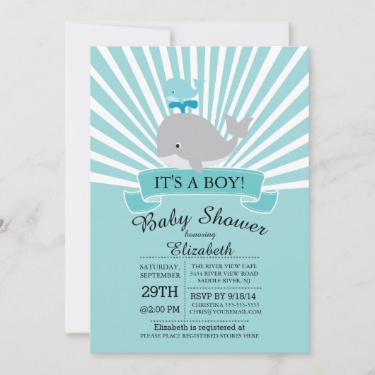 Modern Whale Boys Baby shower Invitation Kaart (Voorkant)