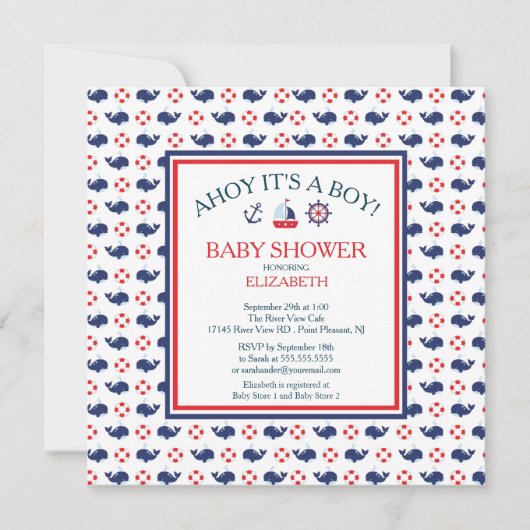 Modern Whale Nautical Boy Baby shower Invitation Kaart (Voorkant)