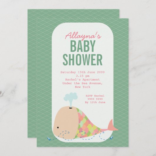 Modern Whale Trendy Baby shower Party Invite Kaart (Voorkant / Achterkant)