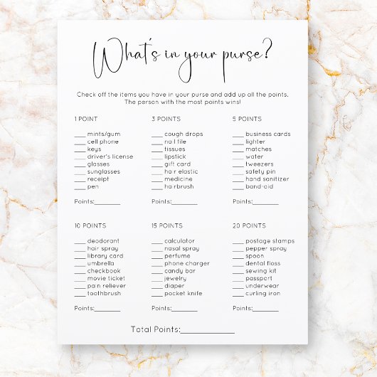 Modern What's In Your Purse Bruidsfeest Spel
