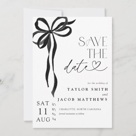 Modern Whimsical Black Bow Script Save the Date Kaart (Voorkant)