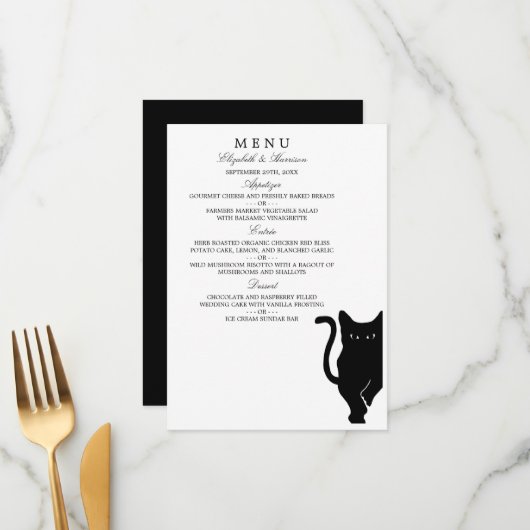 Modern Whimsical Black Cat Wedding Menu (Voorkant / Achterkant in situ)