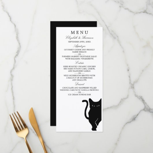 Modern Whimsical Black Cat Wedding Menu (Voorkant / Achterkant in situ)