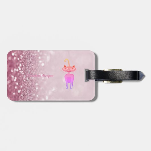 Modern Whimsical Cat Glitter Bokeh - Gepersonalise Bagagelabel (Achterkant horizontaal)