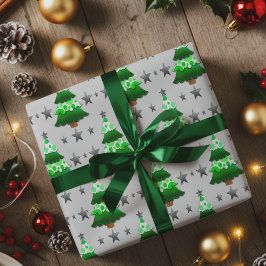 Modern Whimsical Christmas Trees & Silver Stars Cadeaupapier