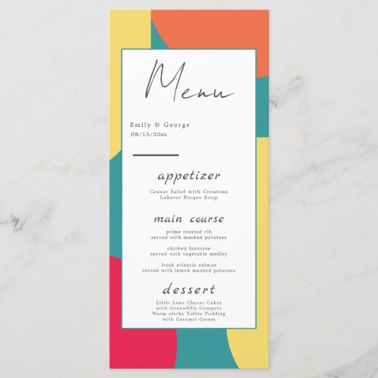 Modern Whimsical Colorful Groovy Abstract Weddensc Menu (Voorkant)