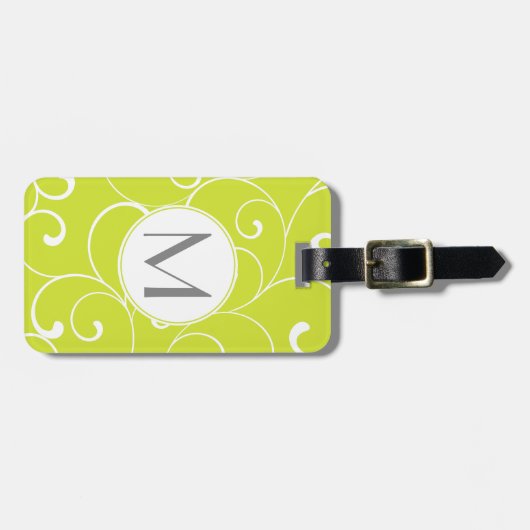Modern Whimsical Curls Lime Green Monogram Bagagelabel (Voorkant horizontaal)