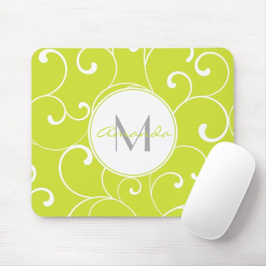 Modern Whimsical Curls Lime Green Monogram Muismat (Met muis)