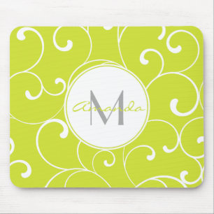 Modern Whimsical Curls Lime Green Monogram Muismat