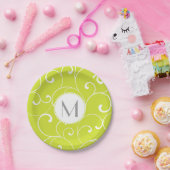 Modern Whimsical Curls Lime Green Monogram Papieren Bordje (Feest)