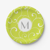 Modern Whimsical Curls Lime Green Monogram Papieren Bordje (Voorkant)
