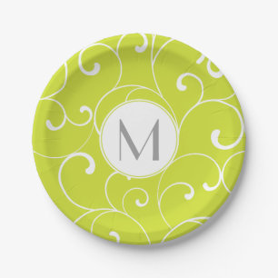Modern Whimsical Curls Lime Green Monogram Papieren Bordje