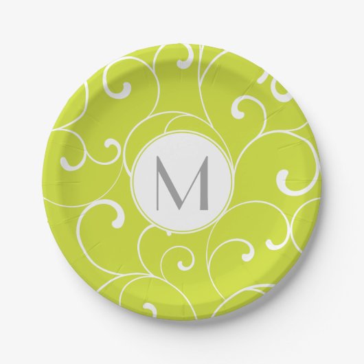 Modern Whimsical Curls Lime Green Monogram Papieren Bordje (Voorkant)