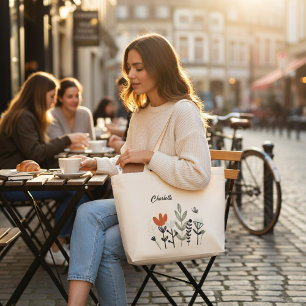 Modern Whimsical Floral Personalized Name Grote Tote Bag
