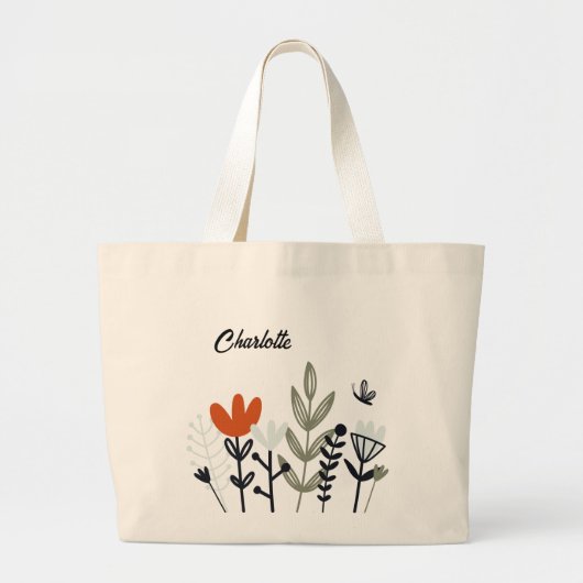 Modern Whimsical Floral Personalized Name Grote Tote Bag (Voorkant)