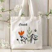 Modern Whimsical Floral Personalized Name Tote Bag