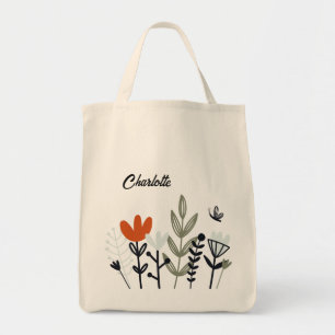 Modern Whimsical Floral Personalized Name Tote Bag