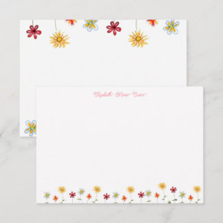 Modern Whimsical Flowers Pink Yellow Girly Note Bedankkaart