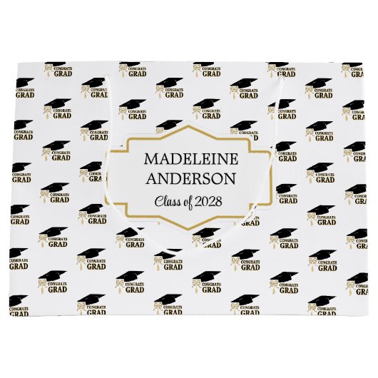 Modern Whimsical Gold Black Graduation Cap Groot Cadeauzakje (Voorkant)