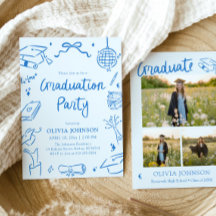 Modern Whimsical Hand Drawn Blue Graduation Party