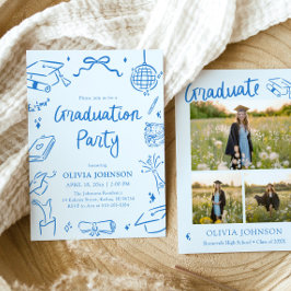Modern Whimsical Hand Drawn Blue Graduation Party Kaart