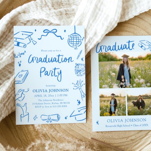 Modern Whimsical Hand Drawn Blue Graduation Party Kaart