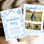 Modern Whimsical Hand Drawn Blue Graduation Party Kaart