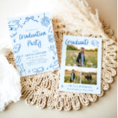 Modern Whimsical Hand Drawn Blue Graduation Party Kaart