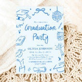 Modern Whimsical Hand Drawn Blue Graduation Party Kaart