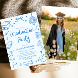 Modern Whimsical Hand Drawn Blue Graduation Party Kaart