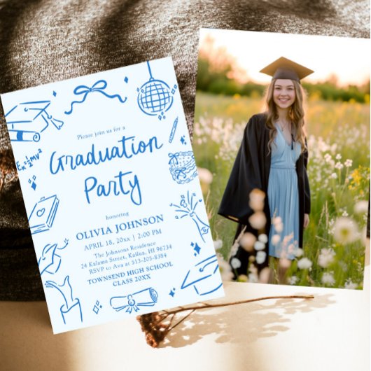 Modern Whimsical Hand Drawn Blue Graduation Party Kaart