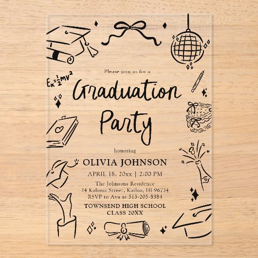 Modern Whimsical Hand Drawn Bow Graduation Party Acryl Uitnodigingen (Voorkant)