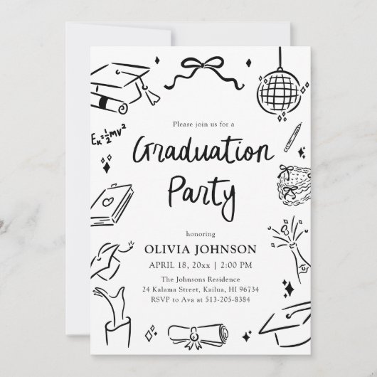 Modern Whimsical Hand Drawn Bow Graduation Party  Kaart (Voorkant)