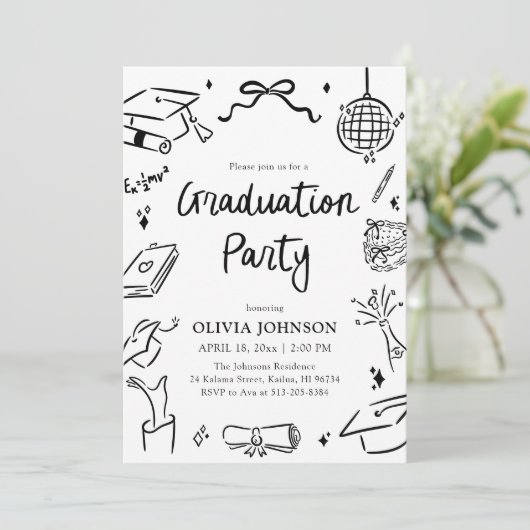 Modern Whimsical Hand Drawn Bow Graduation Party  Kaart (Staand voorkant)