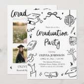 Modern Whimsical Hand Drawn Bow Graduation Party  Kaart (Voorkant / Achterkant)