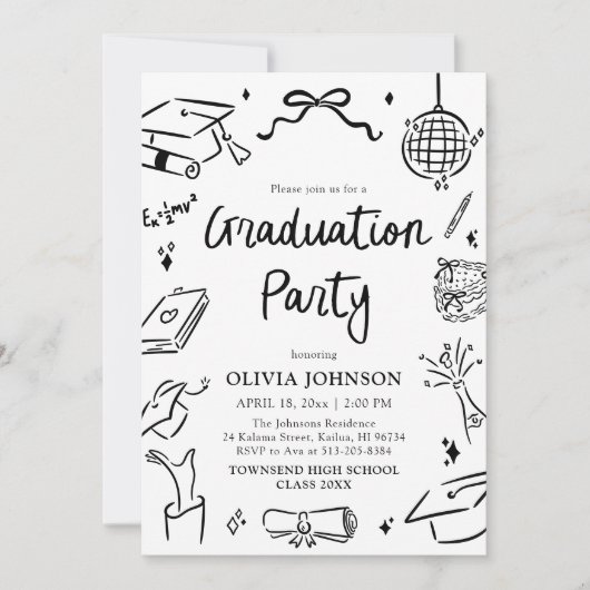 Modern Whimsical Hand Drawn Bow Graduation Party Kaart (Voorkant)