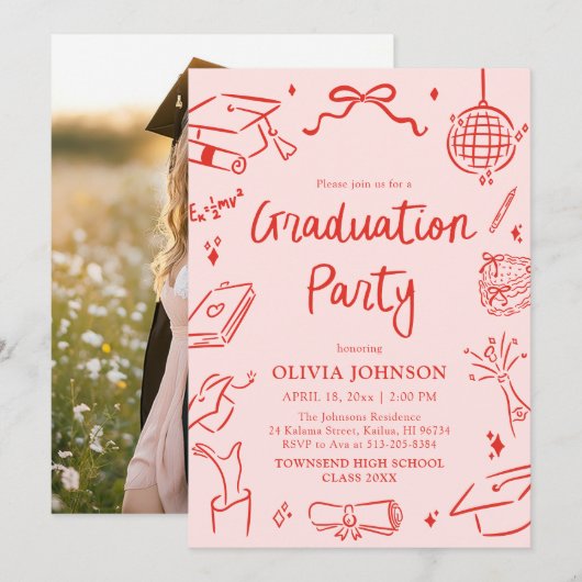 Modern Whimsical Hand Drawn Bow Graduation Party Kaart (Voorkant / Achterkant)
