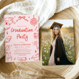 Modern Whimsical Hand Drawn Bow Graduation Party Kaart